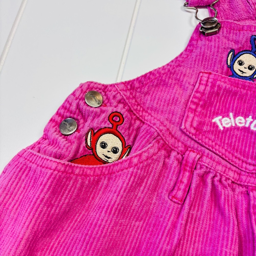Vintage Teletubbies Embroidered Hot Pink Corduroy Overall Dress, Size 3T - Picture 7 of 15